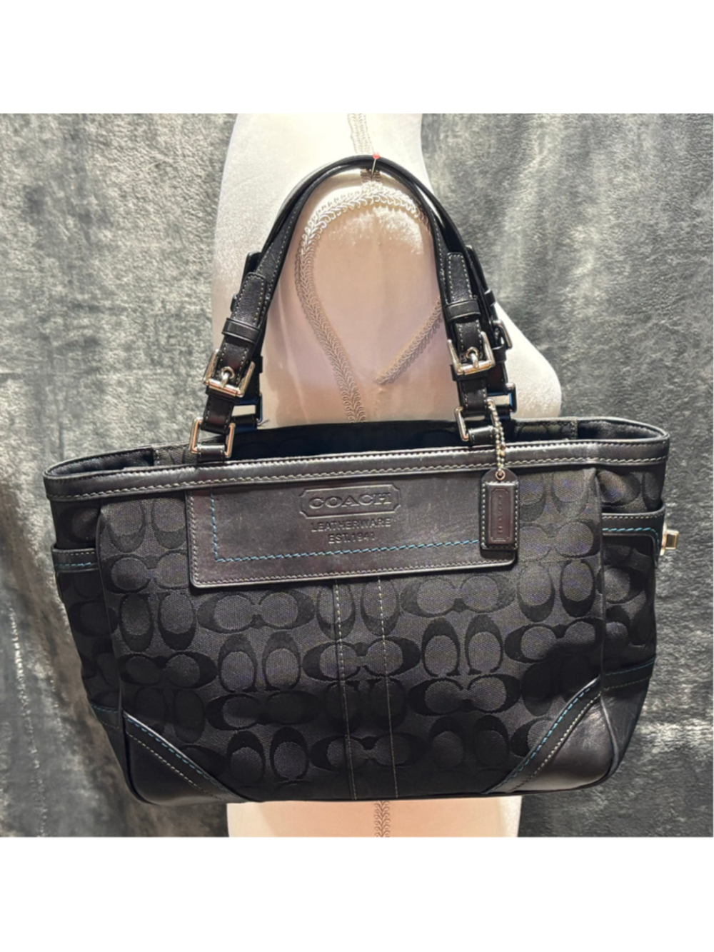Y2K Coach Signature Black Jacquard Gallery Tote 8K49 Leather Trim Turnlock